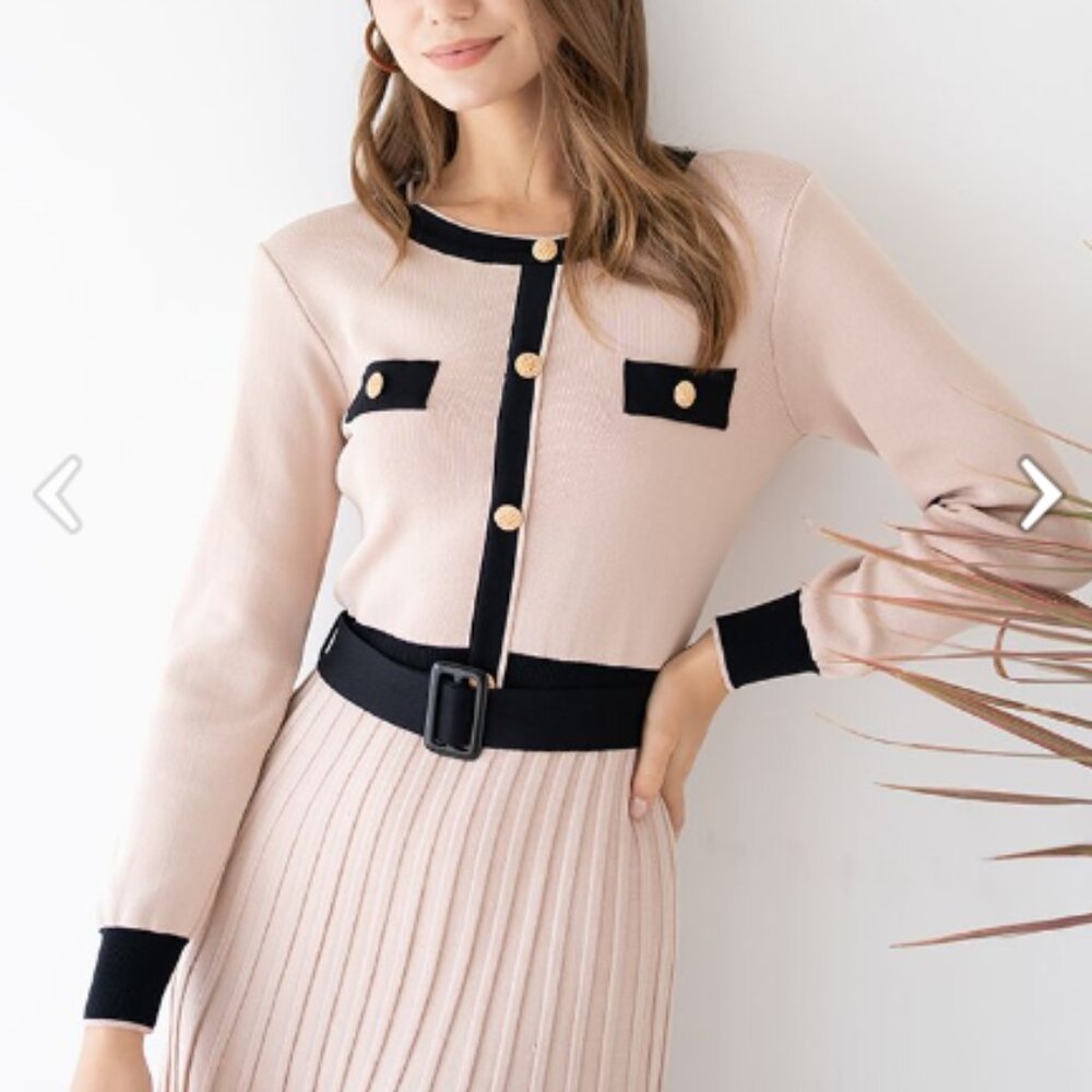 NWT Chicwish Belted Contrast Color Pleated Knit Dress